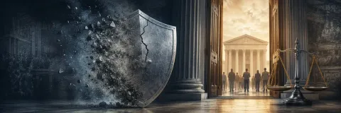 Cracking institutional shield beside open courthouse doors