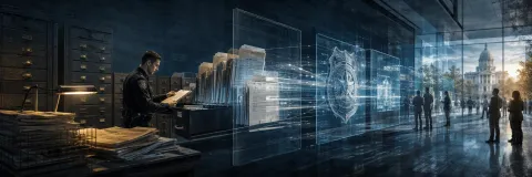 Police records transforming into transparent glass and digital light